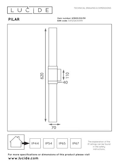 Lucide PILAR - Wall light Indoor/Outdoor - 2xE27 - IP54 - Black